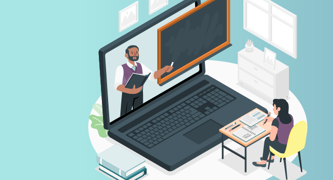 A person sitting at a home desk watching a webinar on a laptop.